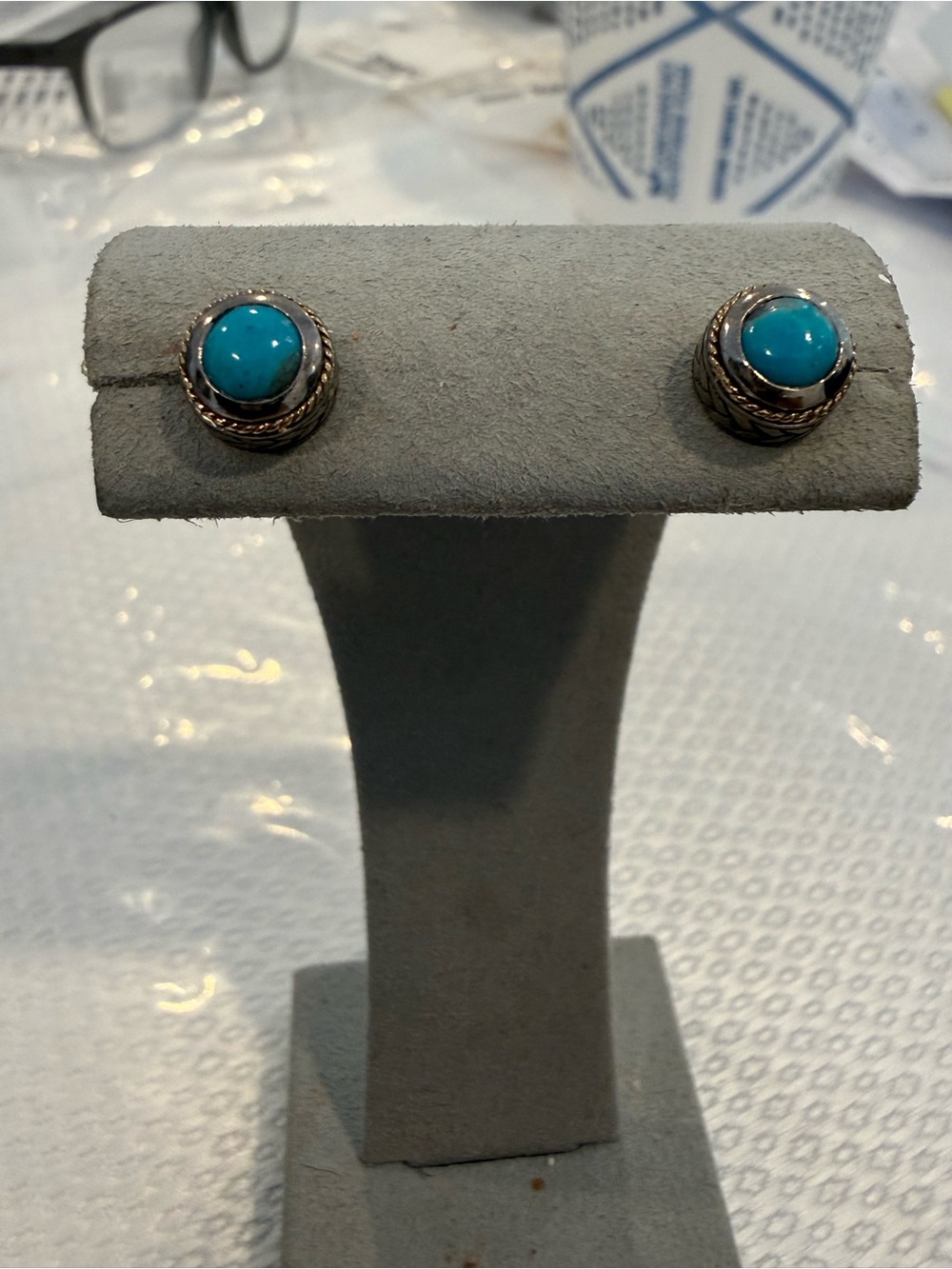 Effy 925 Sterling Silver/18k Yellow Gold Turquoise Stud Ladies Earrings/Gift NEW - Picture 5 of 5